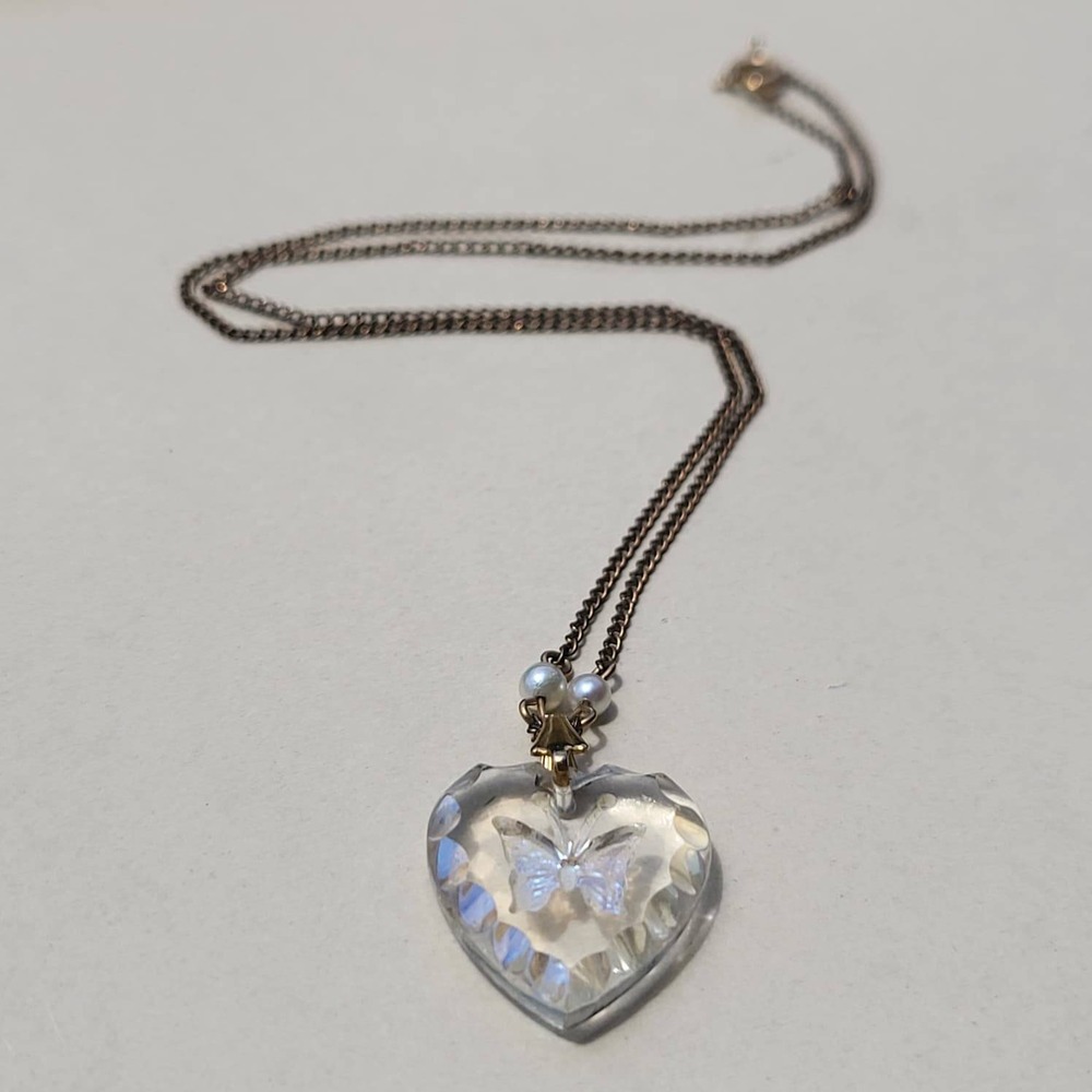 Vintage Glass Heart Butterfly Pendant Necklace
